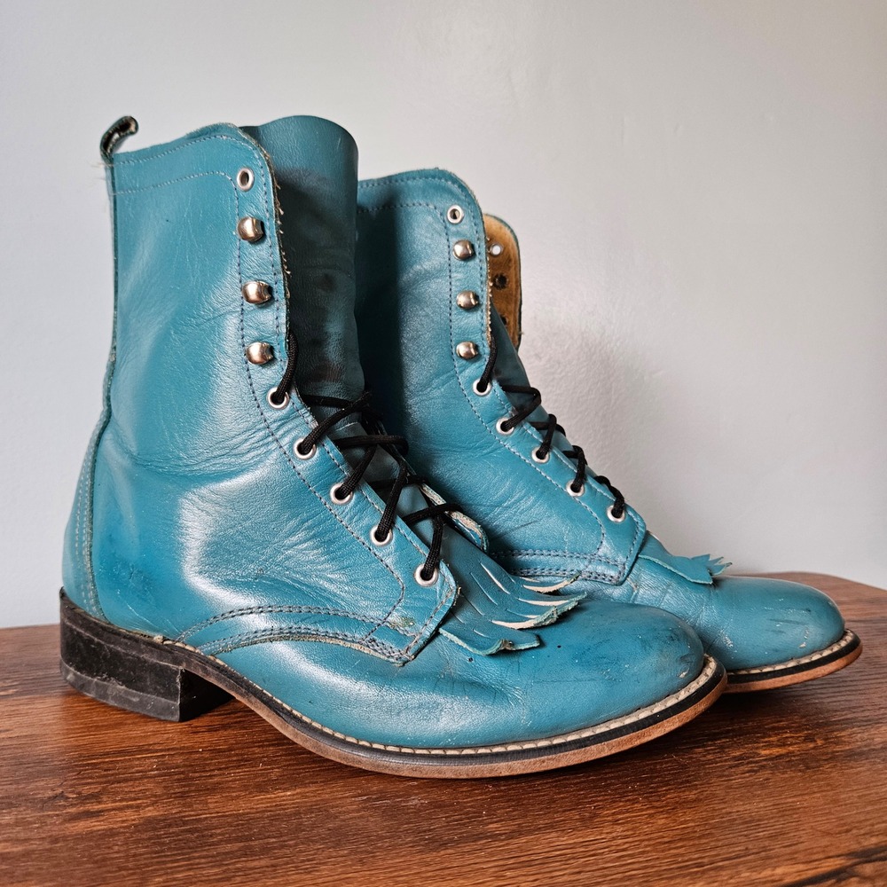 Laredo Vintage Teal Blue Leather Lace Up Kiltie Packer Boots Made in USA 7